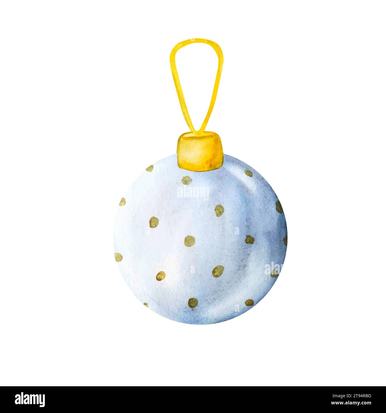 Decorazione dell'albero di Natale sfera di vetro blu appesa a nastro dorato. Vettore. Decorazioni natalizie acquerello per decorazioni e design. Illustrazione Vettoriale
