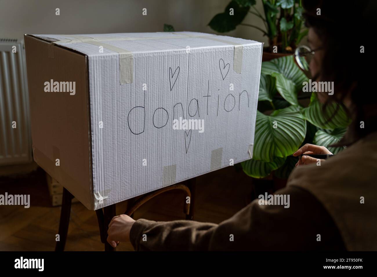 Ragazza volontaria assistente sociale che confeziona scatola di cartone donazione con cose, cibo per aiutare le persone. Foto Stock