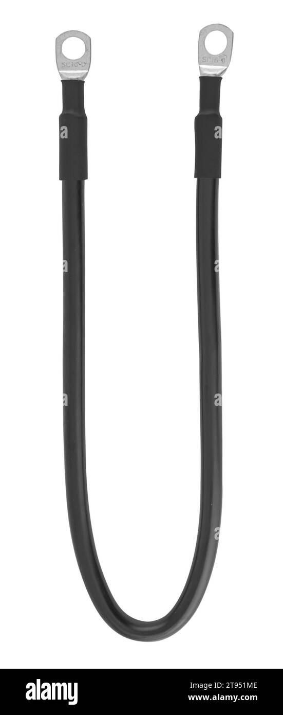 cavo elettrico con contatti metallici isolati su sfondo bianco Foto Stock