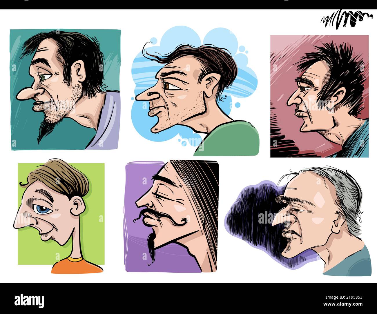 disegna cartoni animati illustrazioni di personaggi personaggi profili caricature set di ritratti Illustrazione Vettoriale