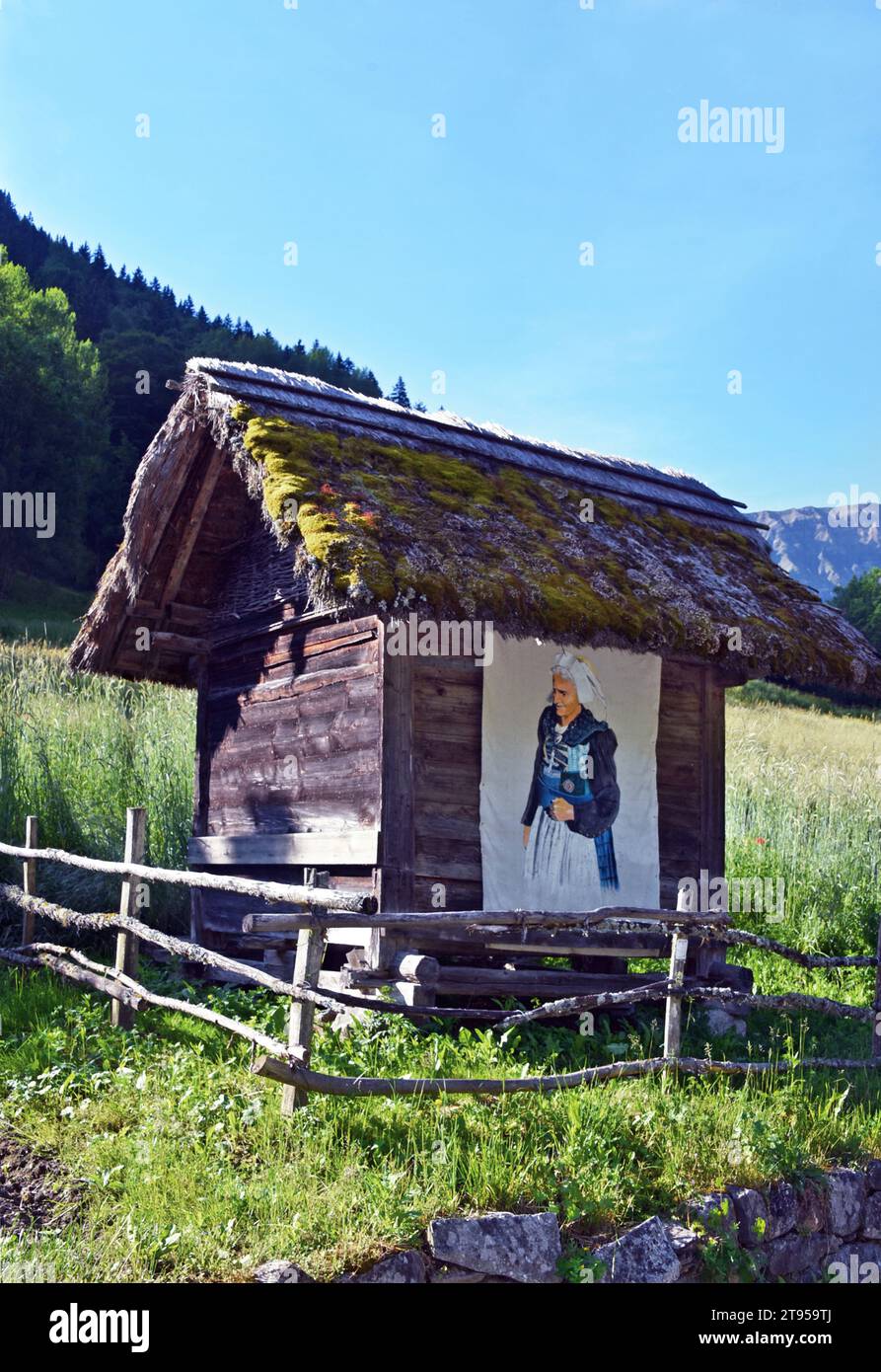 Piccolo chalet chiamato mazot, Francia, Savoia, Maurienne, Saint-Colomban-les-Villards Foto Stock