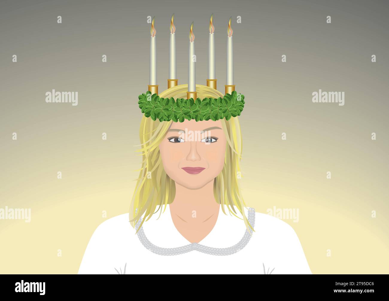 Graziosa ragazza santa lucia con corona e candele tradizionali nella sua hari. Illustrazione vettoriale. Illustrazione Vettoriale