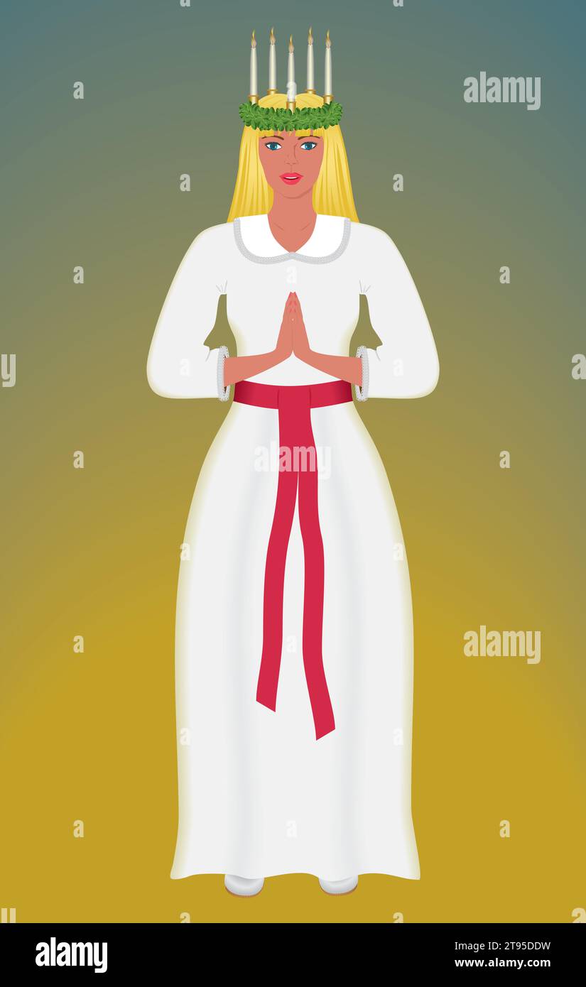 Splendida Santa Lucia in abiti tradizionali e corona con candela tra i capelli. Illustrazione vettoriale. Illustrazione Vettoriale