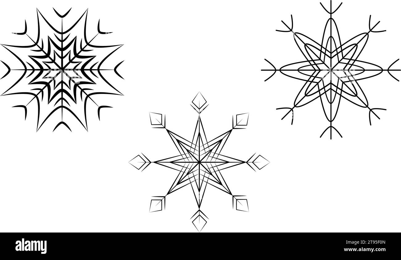 Set di 3 fiocchi di neve con motivo. Elemento di design lineare per biglietti di auguri e biglietti di auguri di Natale o Capodanno. Ciao inverno. Natale. Vettore per icone, adesivi, poster, promozioni o Web e altri usi diversi Illustrazione Vettoriale