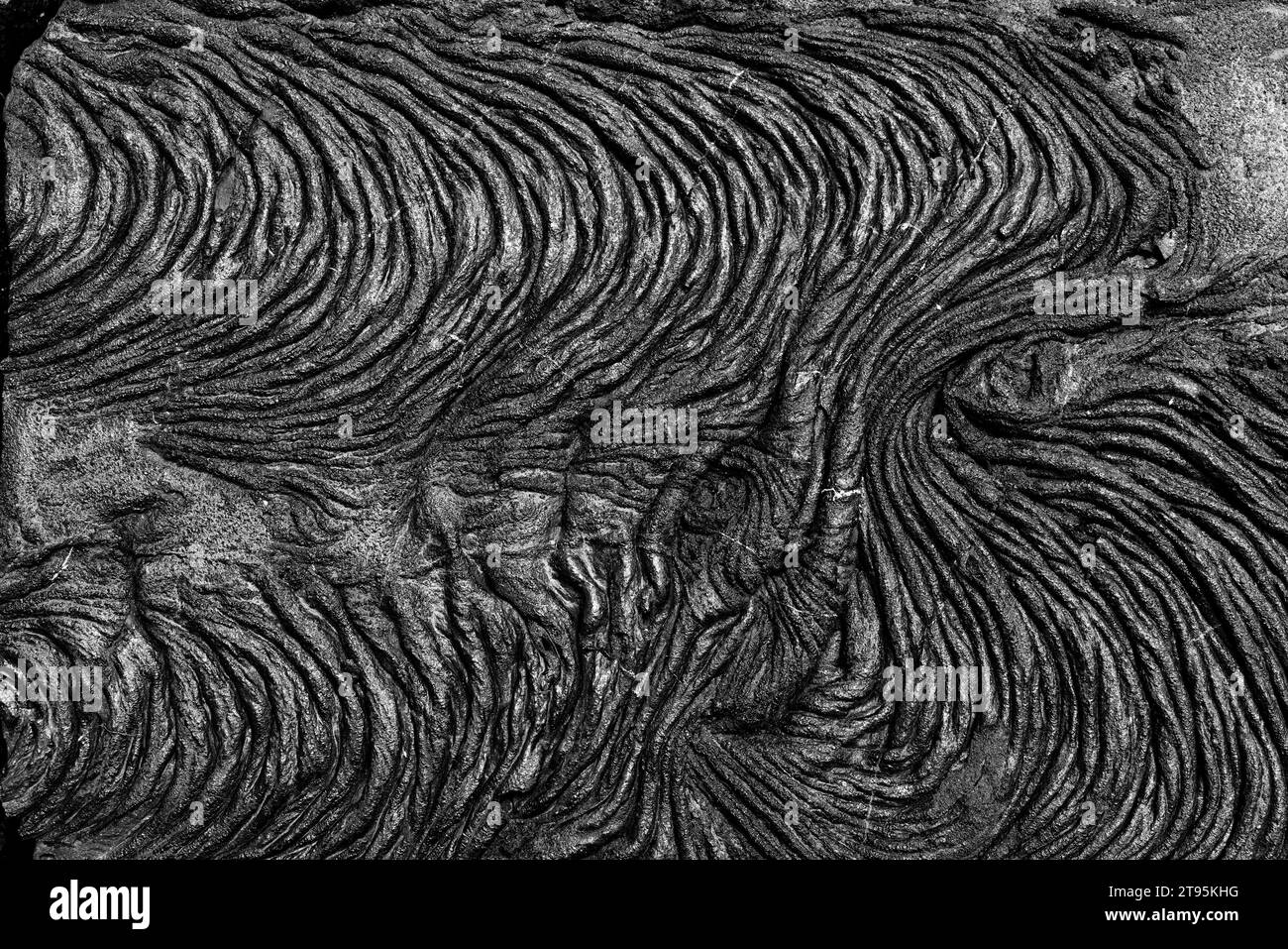 Background: La risorsa grafica della natura. Una scena monocromatica di una formazione nera di rocce laviche vulcaniche sull'isola di Santiago, una delle Galápagos Islan Foto Stock
