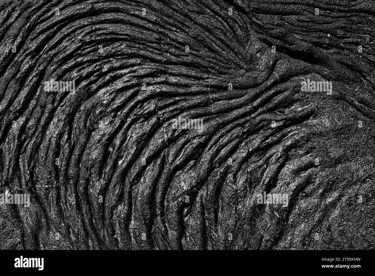 Background: La risorsa grafica della natura. Una scena monocromatica di una formazione di ondulazione a forma di ventaglio di lava nera sull'isola di Santiago, uno dei Galáp Foto Stock