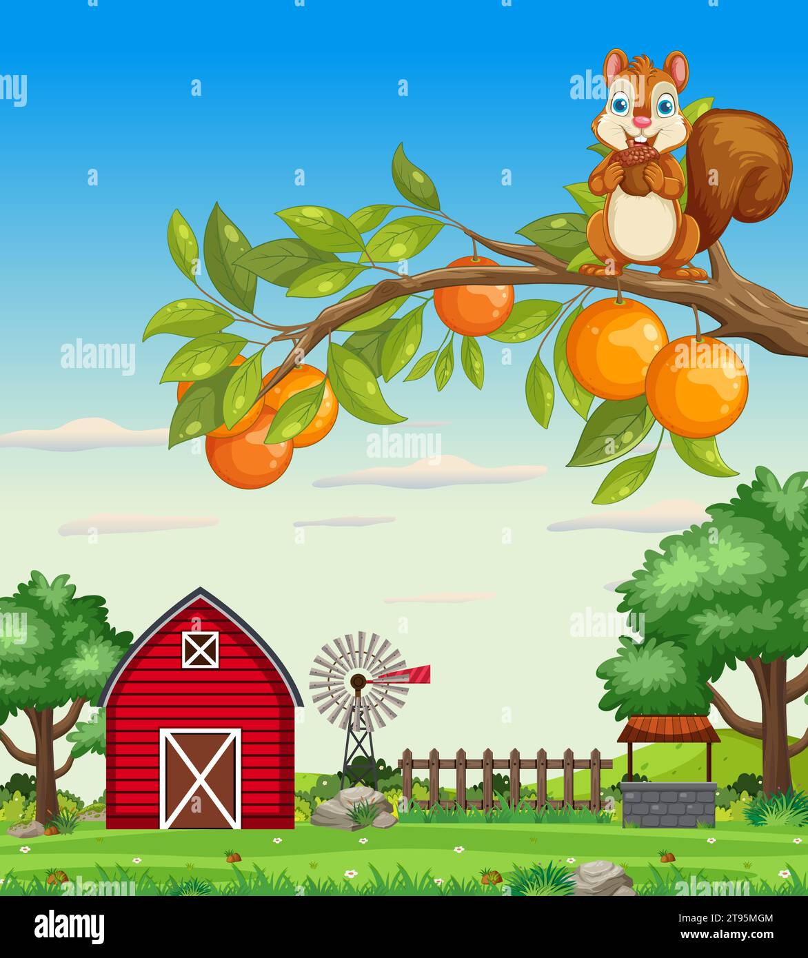 Un vivace paesaggio agricolo caratterizzato da un ramo di arancio con uno scoiattolo Illustrazione Vettoriale
