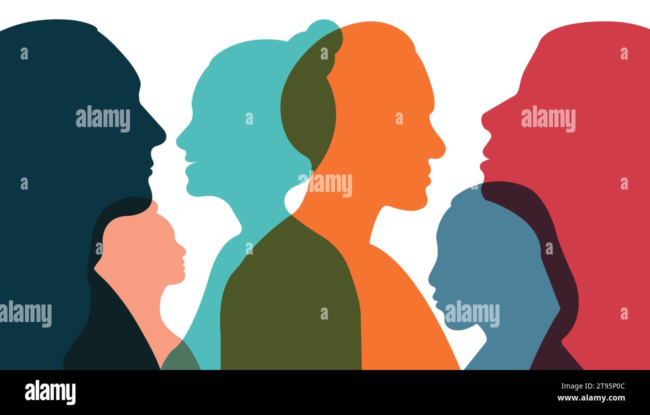 Silhouette di un gruppo di uomini e donne di cultura diversa. Il concetto di diversità. Illustrazione vettoriale Illustrazione Vettoriale