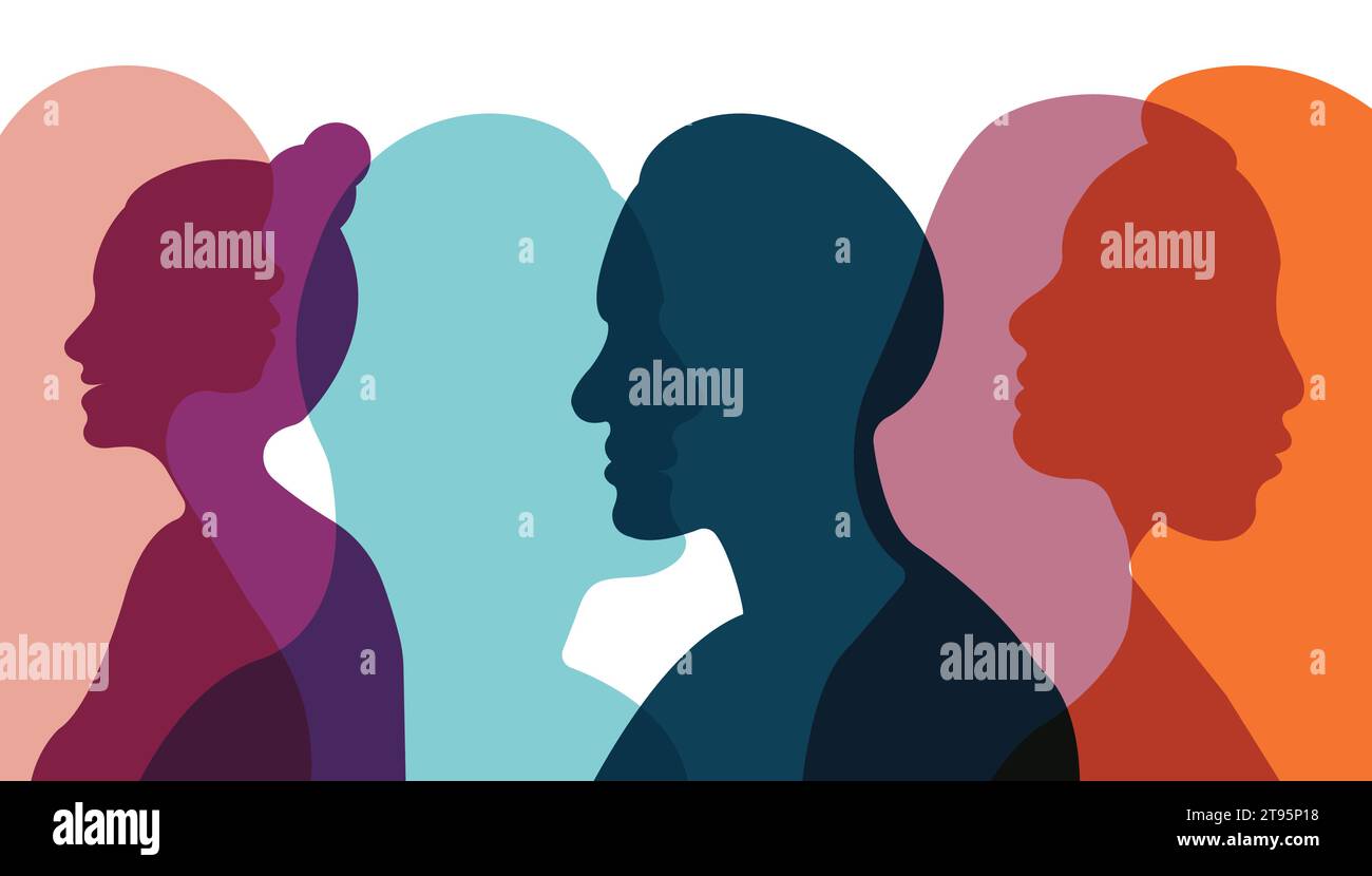 Silhouette di un gruppo di uomini e donne di cultura diversa. Il concetto di diversità. Illustrazione vettoriale Illustrazione Vettoriale