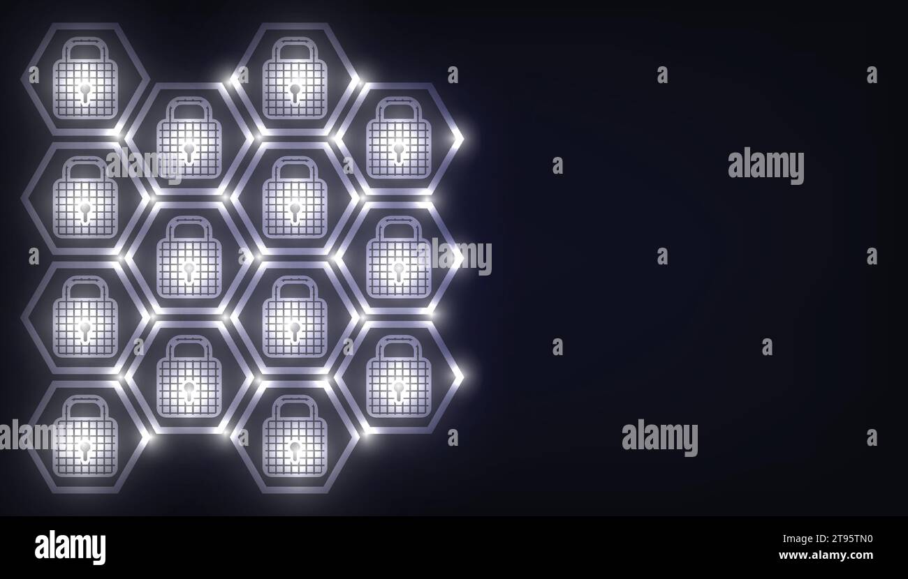 Composito digitale di luci accese e icone dei codici di sicurezza su sfondo nero. Sfondo digitale di sicurezza moderno. Sistema di protezione Illustrazione Vettoriale