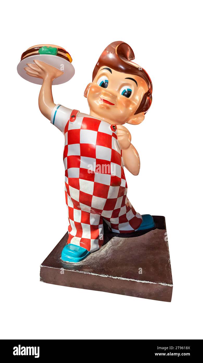 Escondido, CA - 10-30-2023: Mascotte della catena di ristoranti Big Boy, usata dal 1988 al 2020, un ragazzo paffuto che tiene un panino Big Boy (cheesebur a due piani Foto Stock