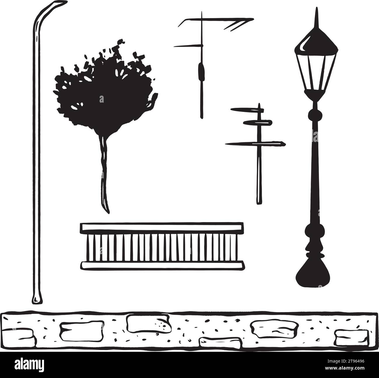 Vettore disegnato a mano di inchiostro. Set da costruzione per esterni. Scena di strada italiana. Recinzione in pietra. Ringhiera per balconi, lampada da strada alta. Antenne. Mandarino Illustrazione Vettoriale