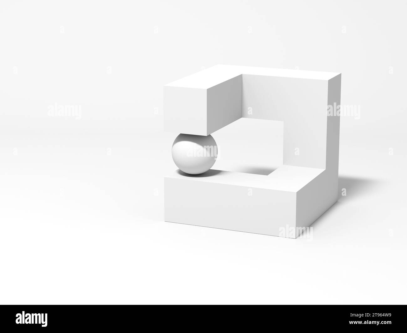 Installazione geometrica in bianco astratto con una sfera che sostituisce il segmento mancante di un rettangolo di selezione, illustrazione di rendering 3d. Foto Stock