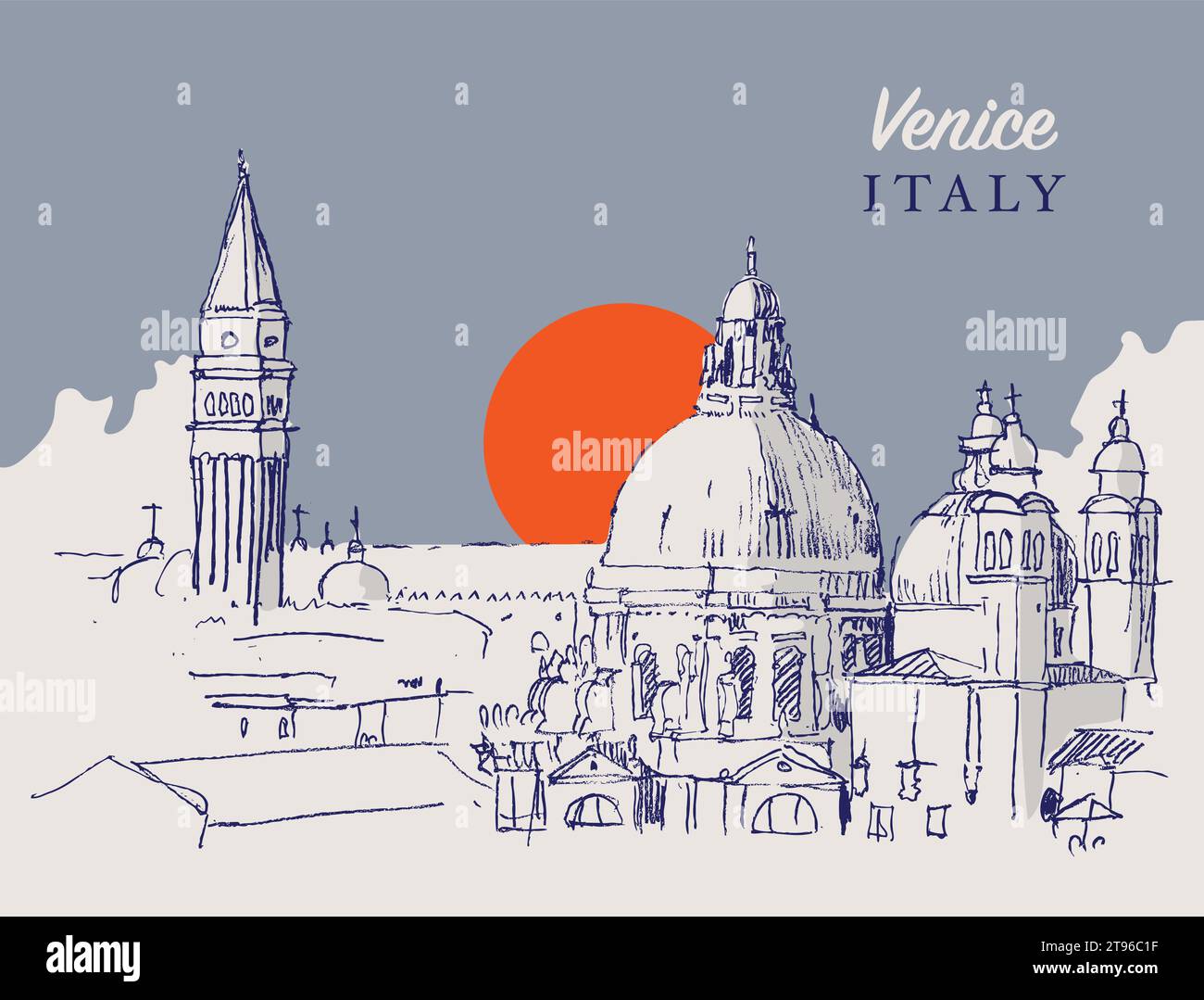 Disegno vettoriale disegnato a mano raffigurante il campanile di St. Marco e le cupole della basilica di Santa Maria della salute a Venezia, Italia. Illustrazione Vettoriale