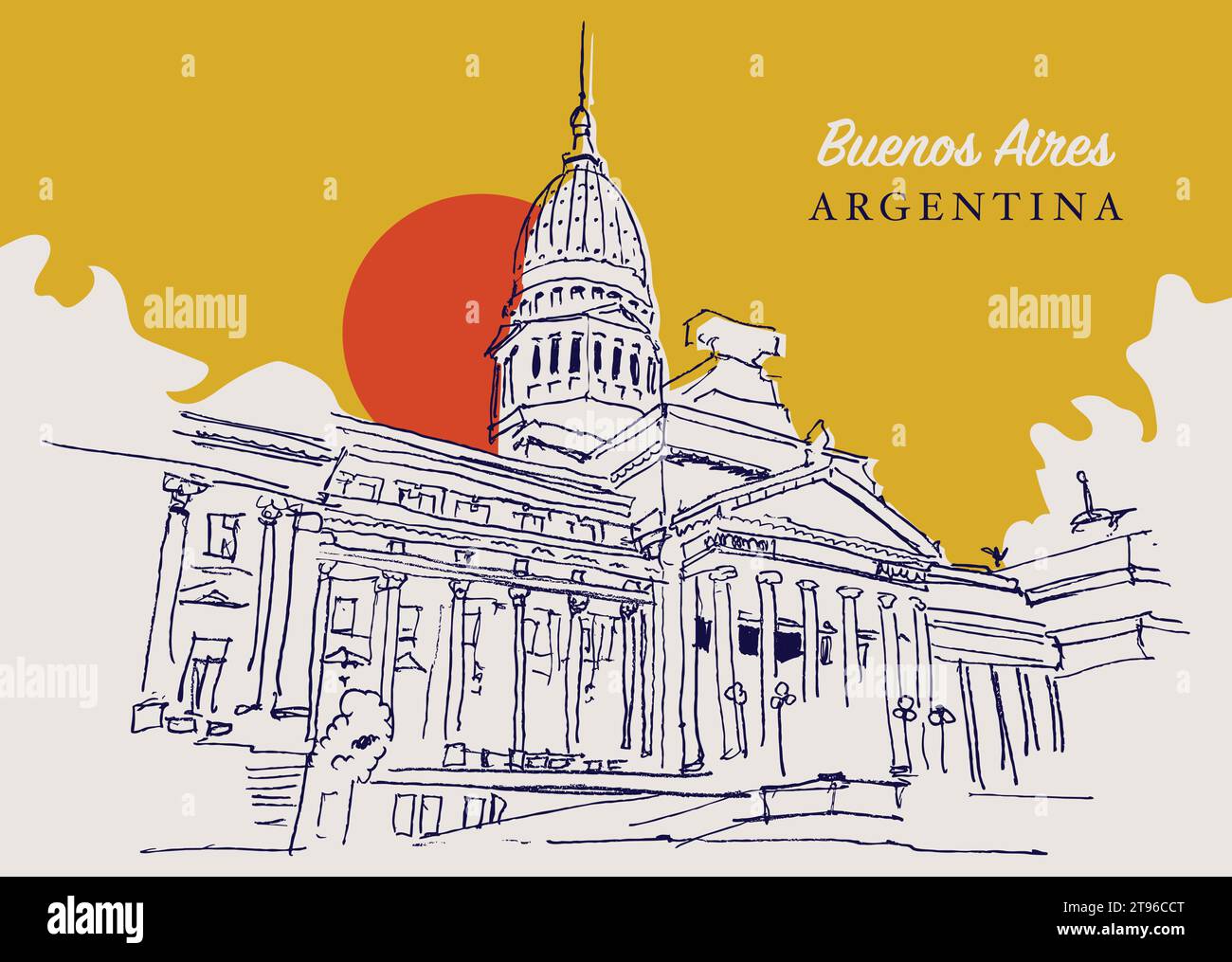 Disegno vettoriale disegnato a mano della camera dei rappresentanti dell'Argentina a Buenos Aires. Illustrazione Vettoriale