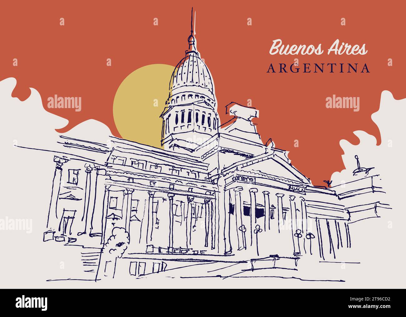 Disegno vettoriale disegnato a mano della camera dei rappresentanti dell'Argentina a Buenos Aires. Illustrazione Vettoriale