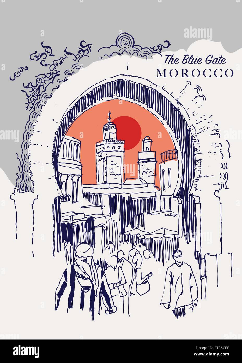 Disegno vettoriale disegnato a mano della porta Blu a Fez, Marocco. Illustrazione Vettoriale