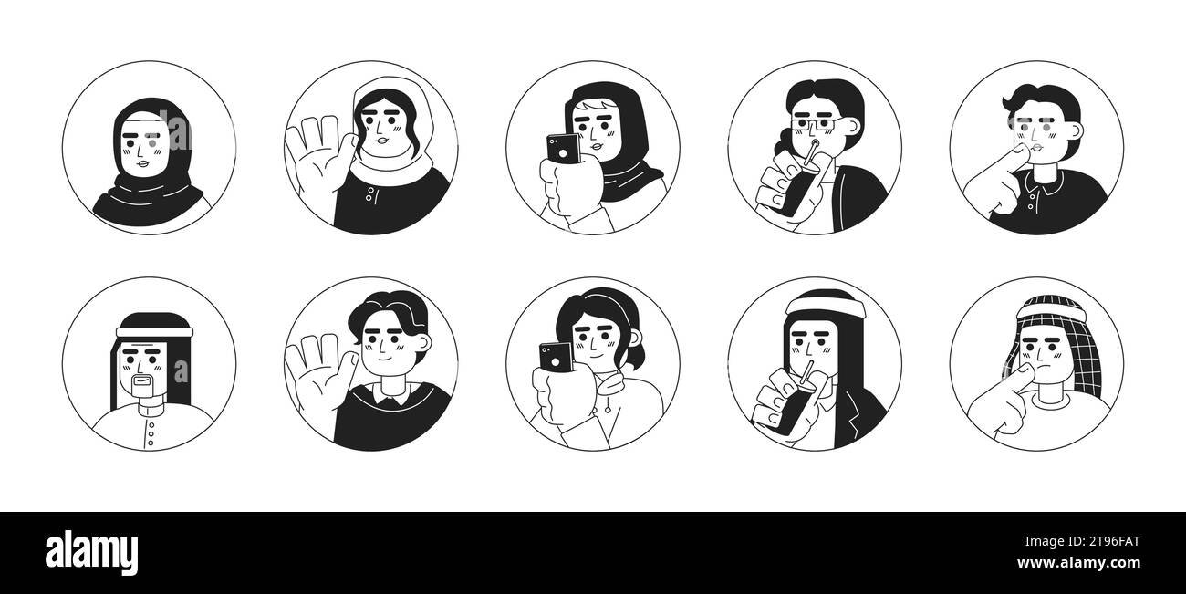 Pacchetto illustrativo di avatar vettoriali 2D in bianco e nero per adulti turchi arabi Illustrazione Vettoriale