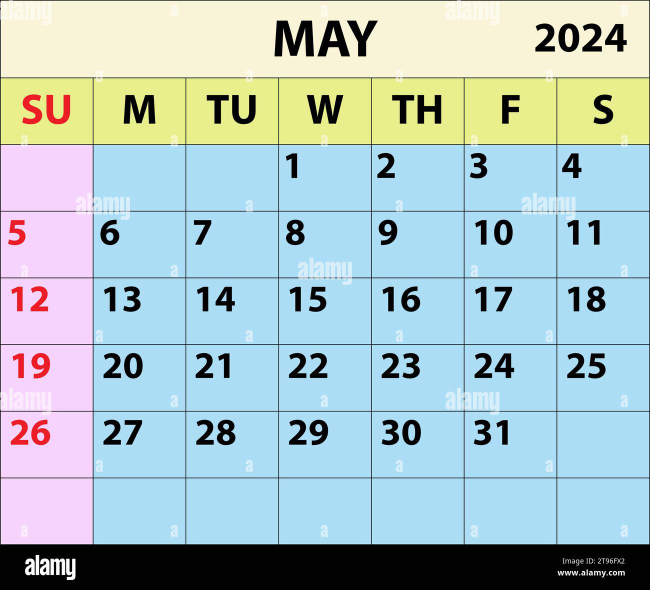 Calendario del mese di maggio 2024 Design del calendario dell'illustratore vettoriale a colori. Illustrazione Vettoriale