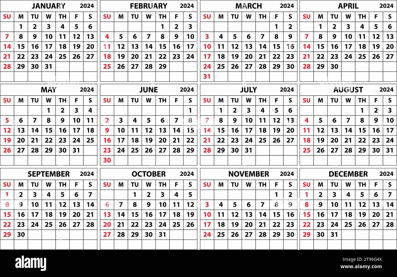 2024 set di calendario. Calendario tascabile vettoriale a colori. La settimana inizia domenica. Gennaio, febbraio, marzo, aprile, maggio, giugno, luglio, agosto, settembre Illustrazione Vettoriale