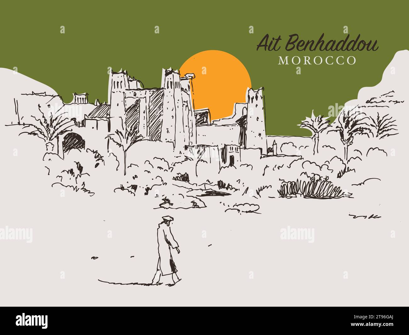 Illustrazione di uno schizzo vettoriale disegnato a mano di Ait Benhaddou, un villaggio fortificato lungo l'ex rotta carovana tra il Sahara e Marrakech in Marocco Illustrazione Vettoriale