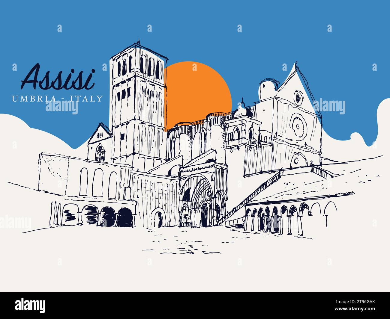 Illustrazione vettoriale di uno schizzo disegnato a mano della Basilica di San Francesco ad Assisi, Liguria, Umbria, Italia. Illustrazione Vettoriale