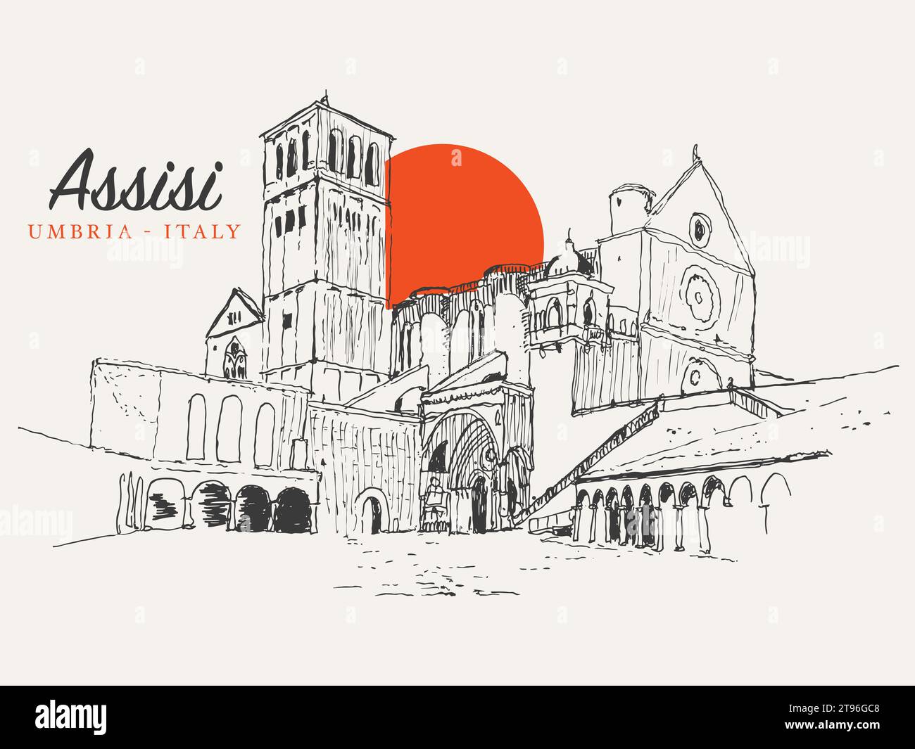 Illustrazione vettoriale di uno schizzo disegnato a mano della Basilica di San Francesco ad Assisi, Liguria, Umbria, Italia. Illustrazione Vettoriale