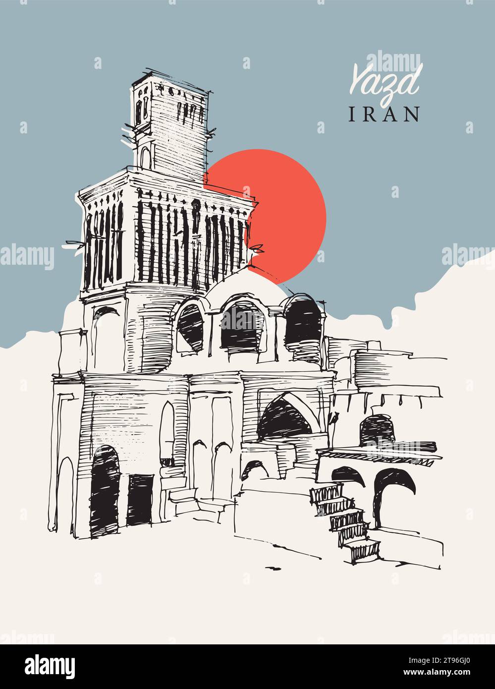 Illustrazione di uno schizzo vettoriale disegnato a mano della città di Yazd in Iran, famosa per le sue torri di cattura del vento e l'architettura unica. Illustrazione Vettoriale