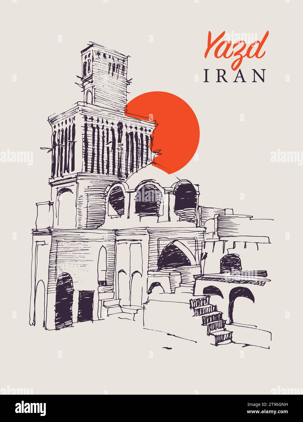 Illustrazione di uno schizzo vettoriale disegnato a mano della città di Yazd in Iran, famosa per le sue torri di cattura del vento e l'architettura unica. Illustrazione Vettoriale