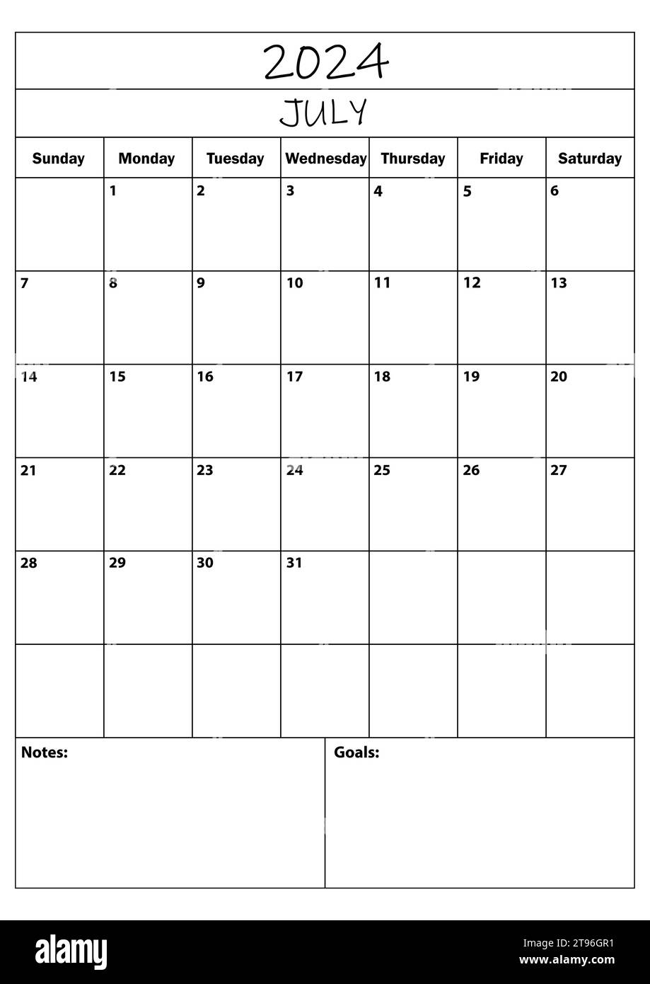 Calendario del mese di luglio 2024 Design del calendario dell'illustratore vettoriale a colori. Illustrazione Vettoriale