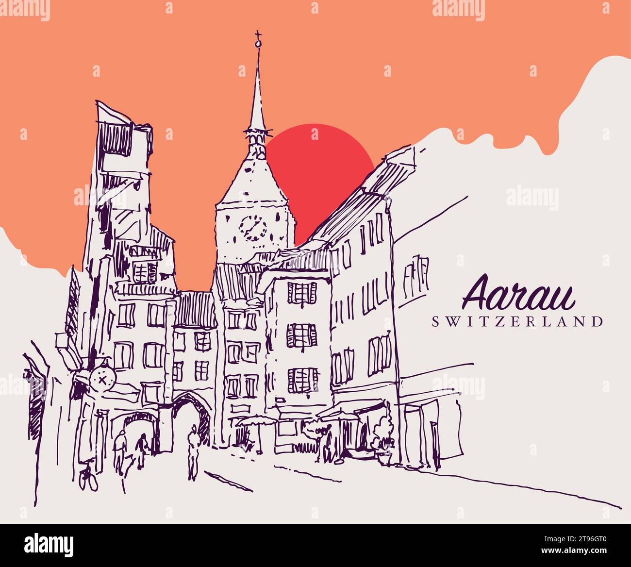 Disegno vettoriale disegnato a mano raffigurante una strada medievale nel cantone di Aarau in Svizzera. Illustrazione Vettoriale