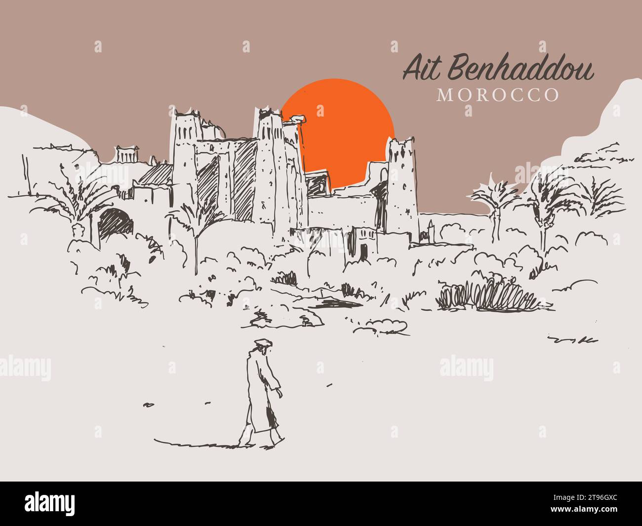 Illustrazione di uno schizzo vettoriale disegnato a mano di Ait Benhaddou, un villaggio fortificato lungo l'ex rotta carovana tra il Sahara e Marrakech in Marocco Illustrazione Vettoriale