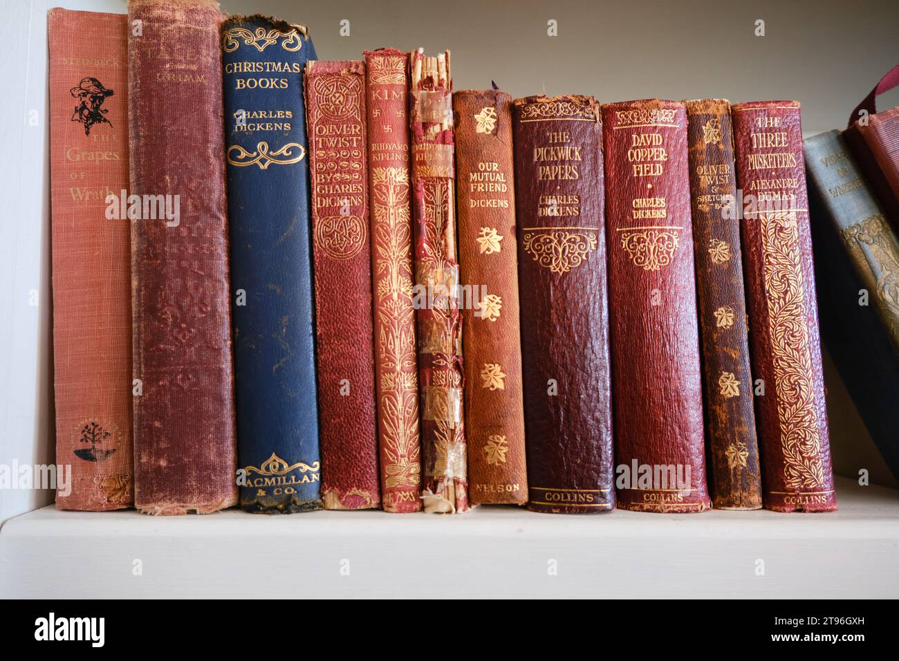 uno scaffale con una collezione di vecchi libri in vari stati di danno, classici della letteratura Foto Stock
