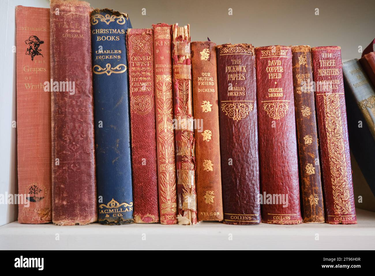 uno scaffale con una collezione di vecchi libri in vari stati di danno, classici della letteratura Foto Stock
