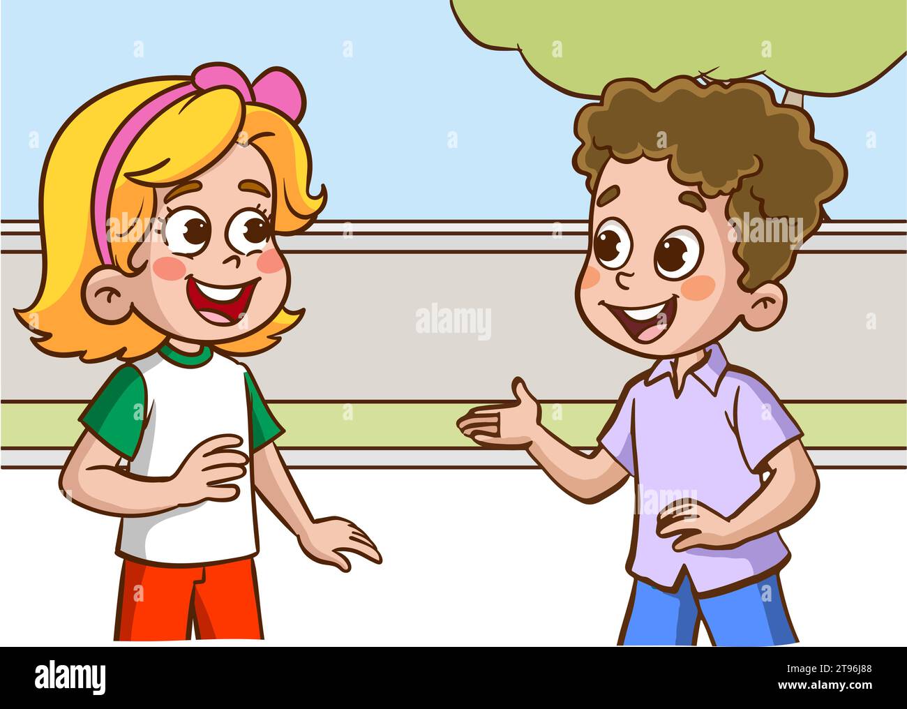 Un ragazzo dei cartoni animati e una ragazza che parlano tra loro. Illustrazione vettoriale.ragazzi e ragazze felici e carini che parlano ogni vettoriale di un altro cartone animato Illustrazione Vettoriale