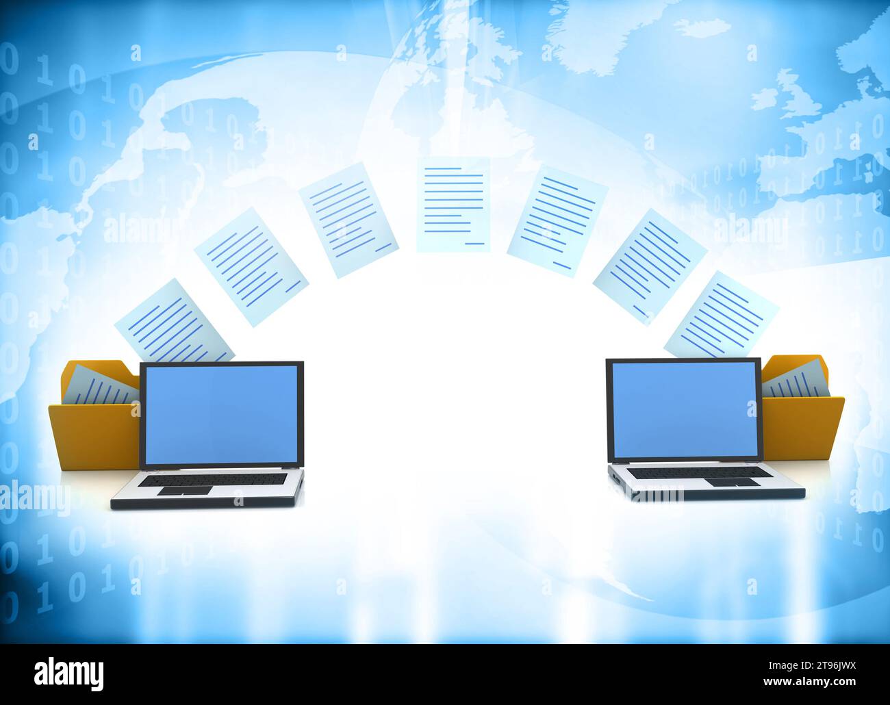 Due laptop hanno trasferito documenti. Dati, file, cartelle con file cartacei. illustrazione 3d. Foto Stock