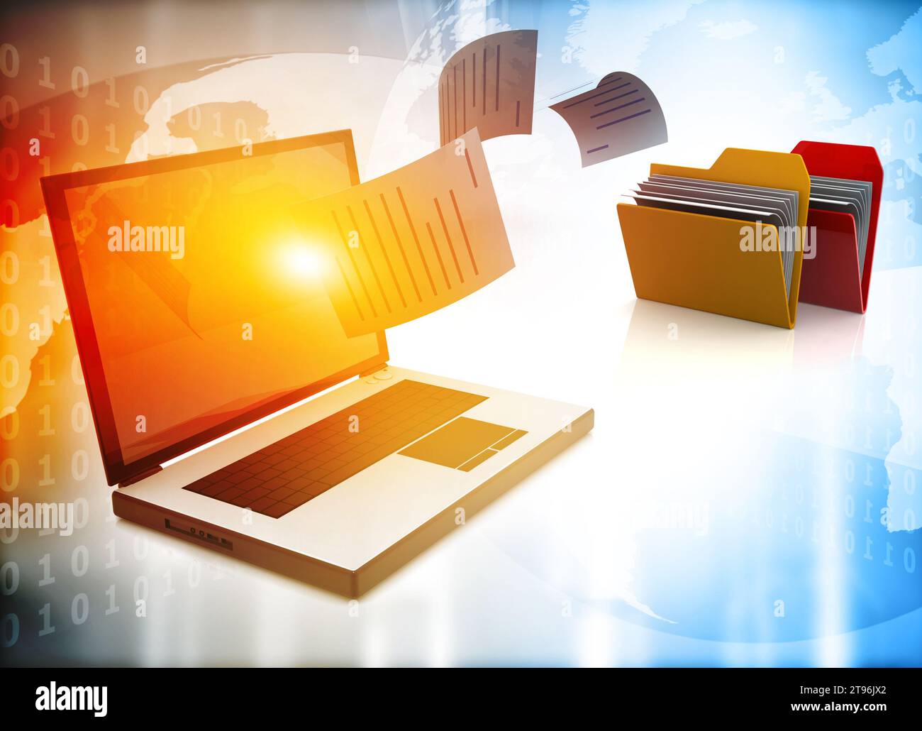 Trasferimento file. Dati, file, cartelle con file cartacei. illustrazione 3d. Foto Stock