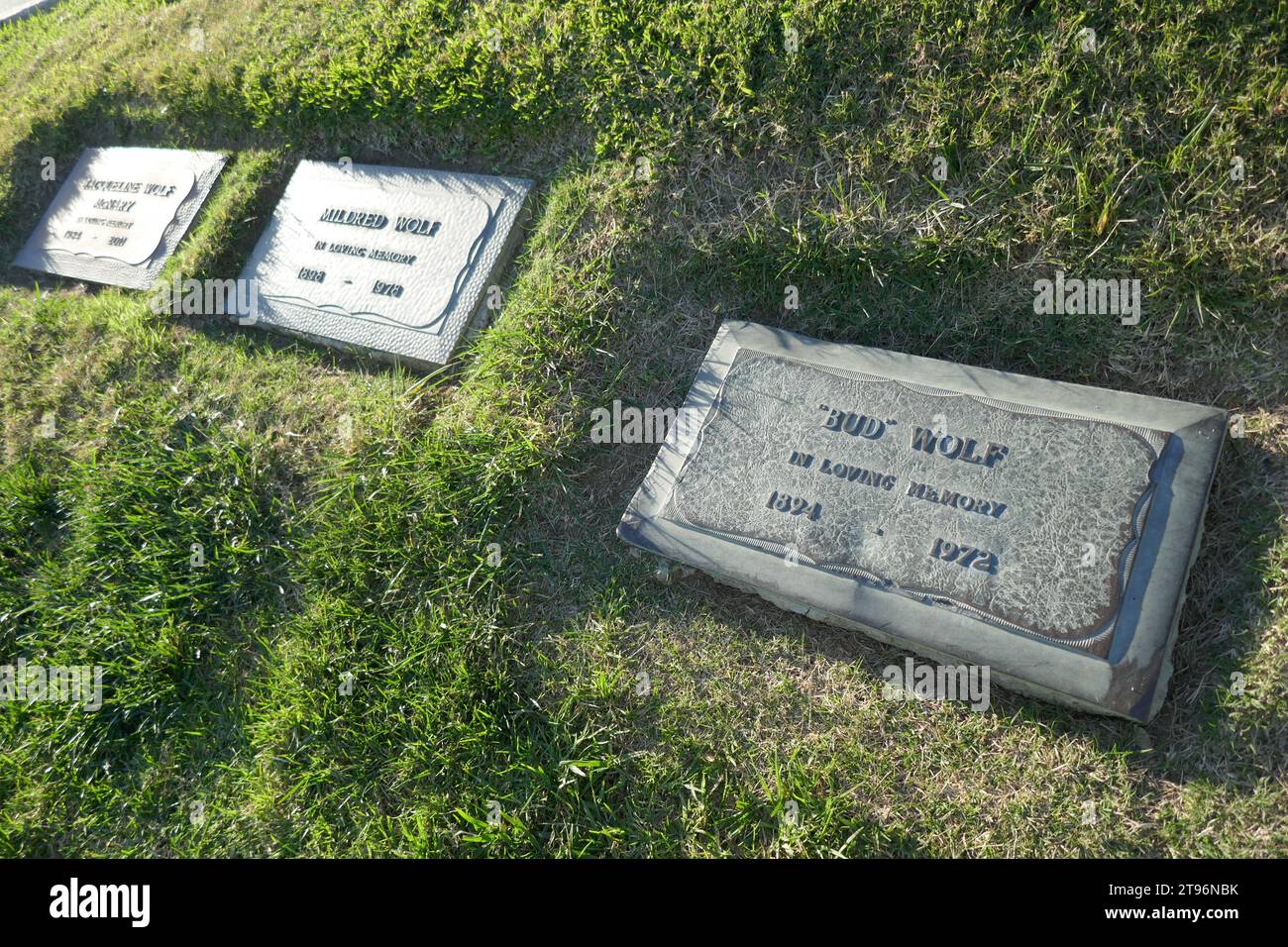 Glendale, California, USA 21 novembre 2023 Hollywoodland Developer and Art Director Leslie Milton Bud Wolf grave in Sunrise Slope Section presso Forest Lawn Memorial Park il 21 novembre 2023 a Glendale, California, USA. Costruì WolfÕs Lair una struttura del castello Fairytale in stile normanno a Hollywood Hills. Foto di Barry King/Alamy Stock Photo Foto Stock