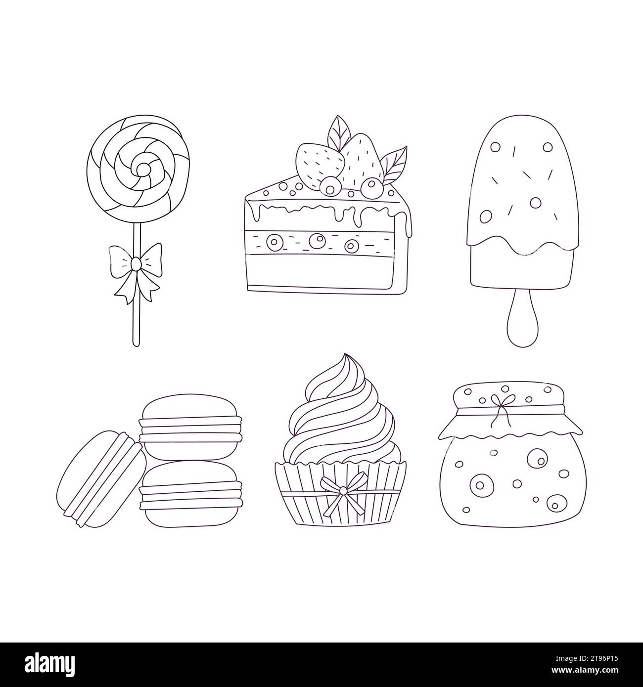 Set di dolci disegnati a mano e dessert. Lecca lecca, popsicle, macaron, cupcake, torta, marmellata. Illustrazione in bianco e nero vettoriale di contorno isolata Illustrazione Vettoriale