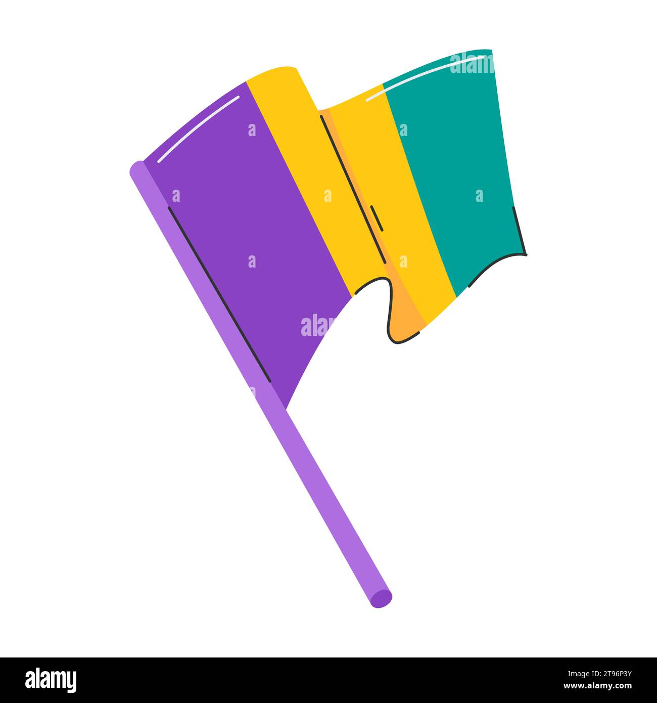 Bandiera gialla verde viola. Il simbolo del Mardi Gras. Allarme tricolore. Elemento decorativo piatto . Illustrazione vettoriale isolata su sfondo bianco Illustrazione Vettoriale