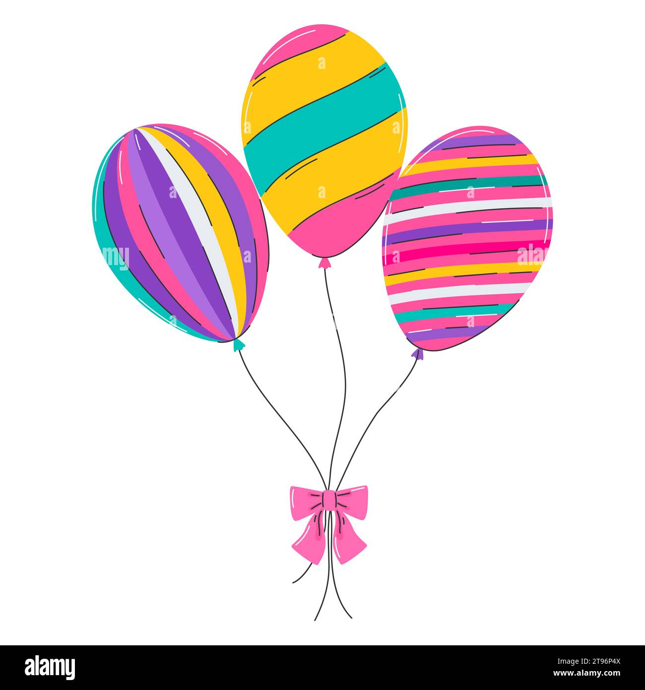 Palloncini luminosi. Simbolo di festa, eventi festivi, compleanno, festa. Tre palloncini legati con arco. Elementi decorativi piatti. Illustrazione vettoriale Illustrazione Vettoriale