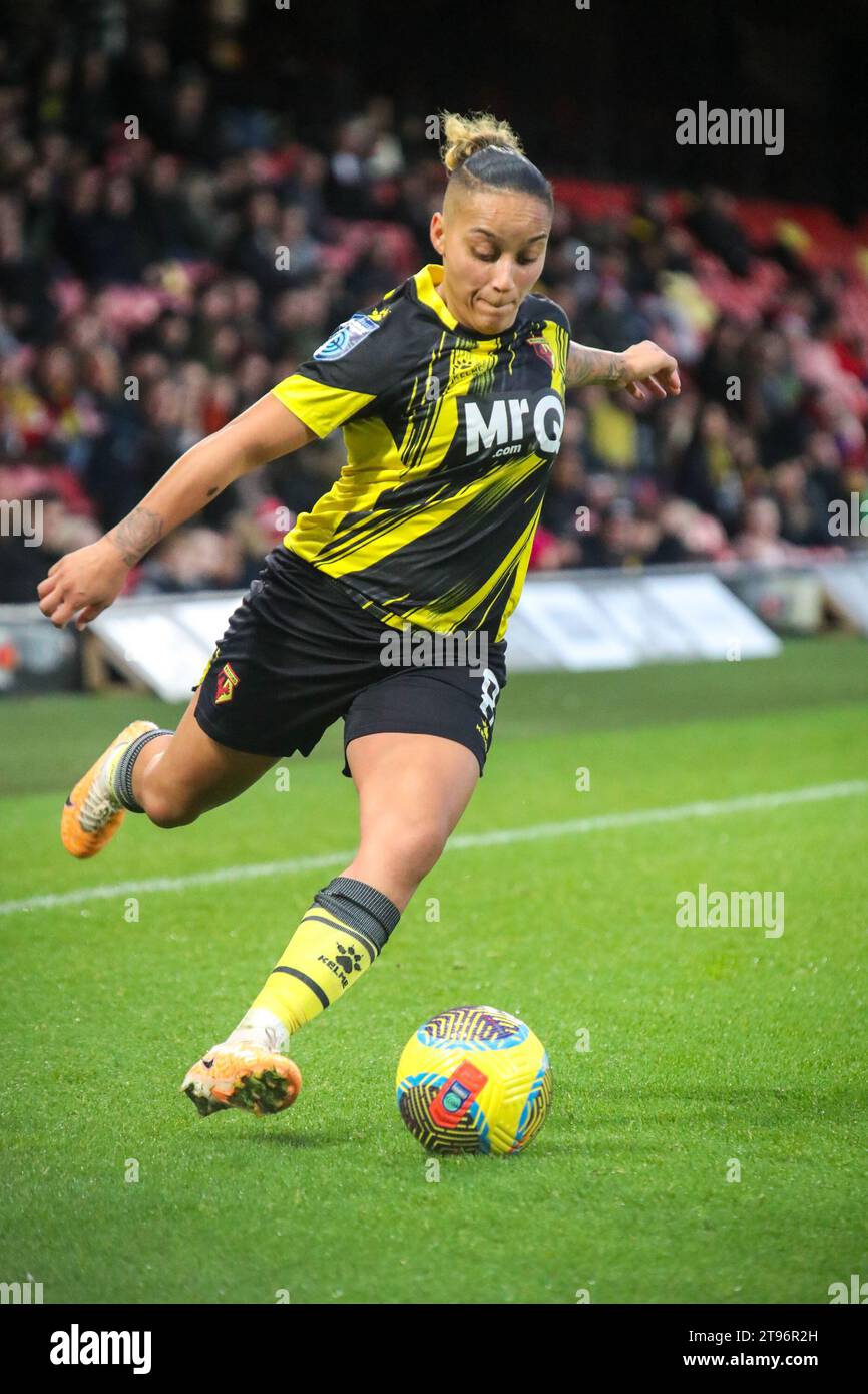 Watford, Inghilterra, 19 novembre 2023 Bianca Baptiste (8 Watford) in azione durante la partita del Barclays fa Womens Championship tra Watford e Sheffield United a Vicarage Road a Watford, Inghilterra (Will Hope / SPP) Foto Stock