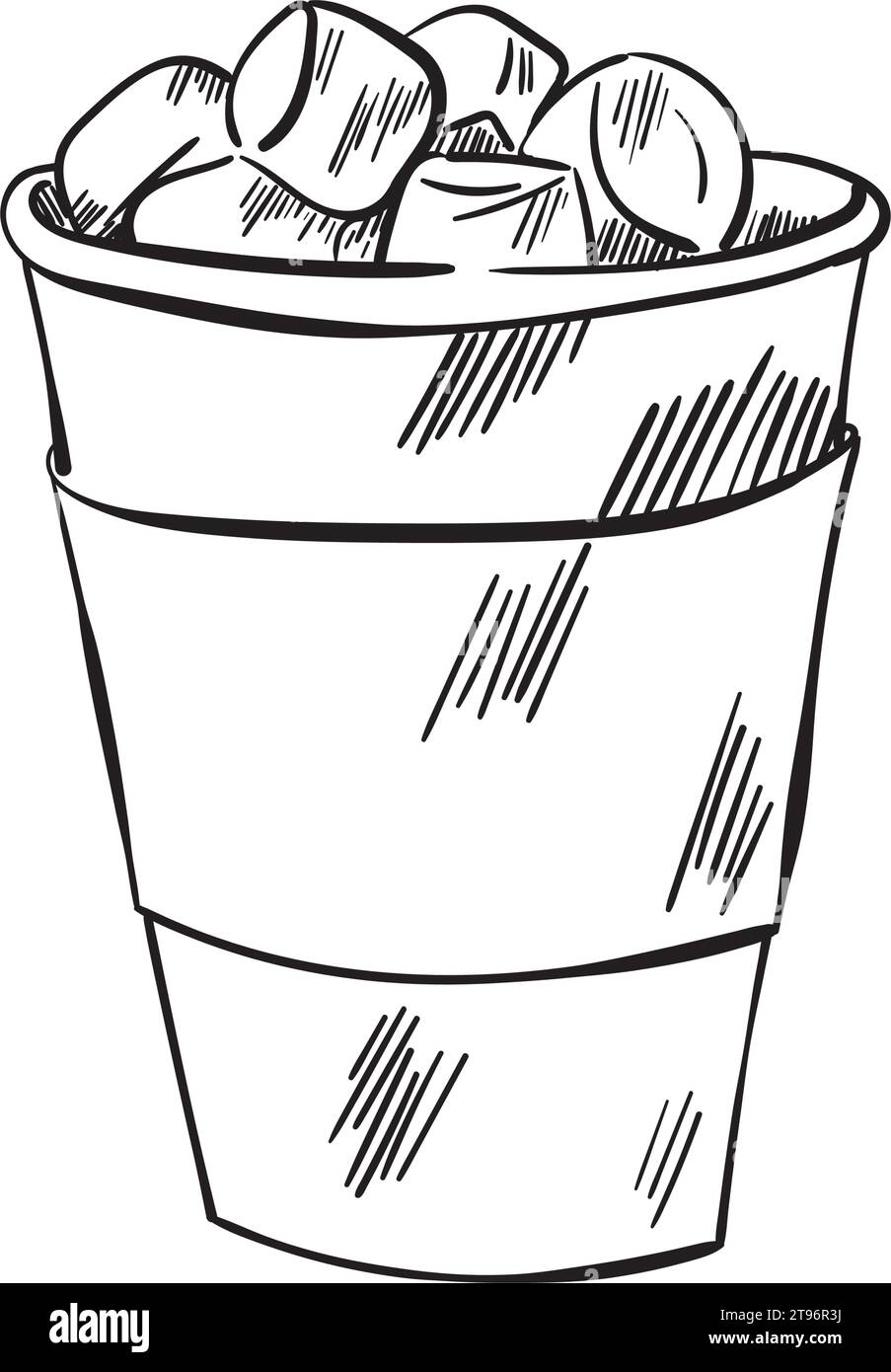 Tazza di carta di cioccolata calda con marshmallow in stile doodle. Bevanda calda invernale invernale disegnata a mano. Un'accogliente illustrazione per le vacanze. Schizzo di Illustrazione Vettoriale