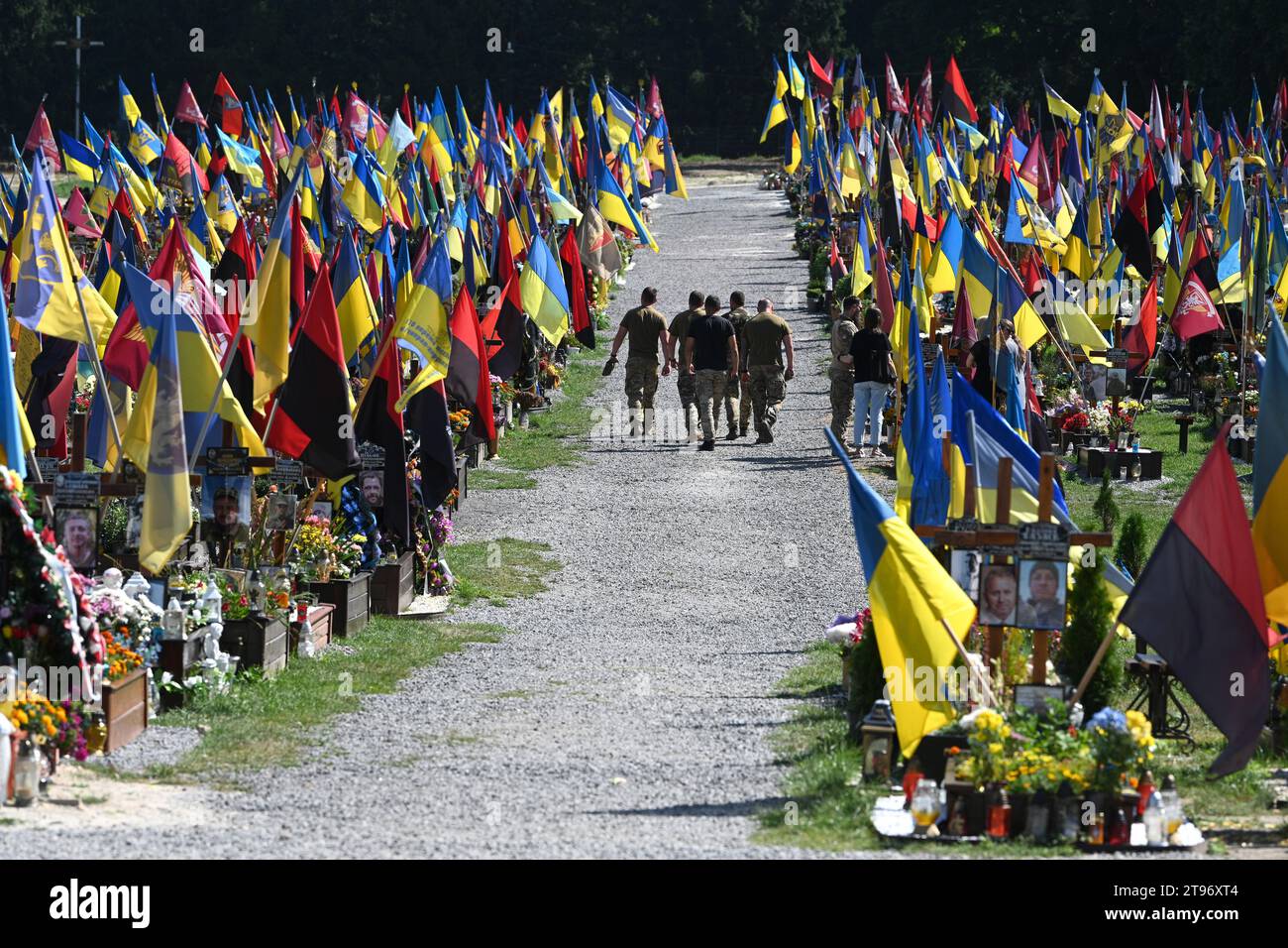 Leopoli, Ucraina - 29 agosto 2023: Cimitero militare di soldati ucraini uccisi durante il combattimento con le truppe russe. Foto Stock