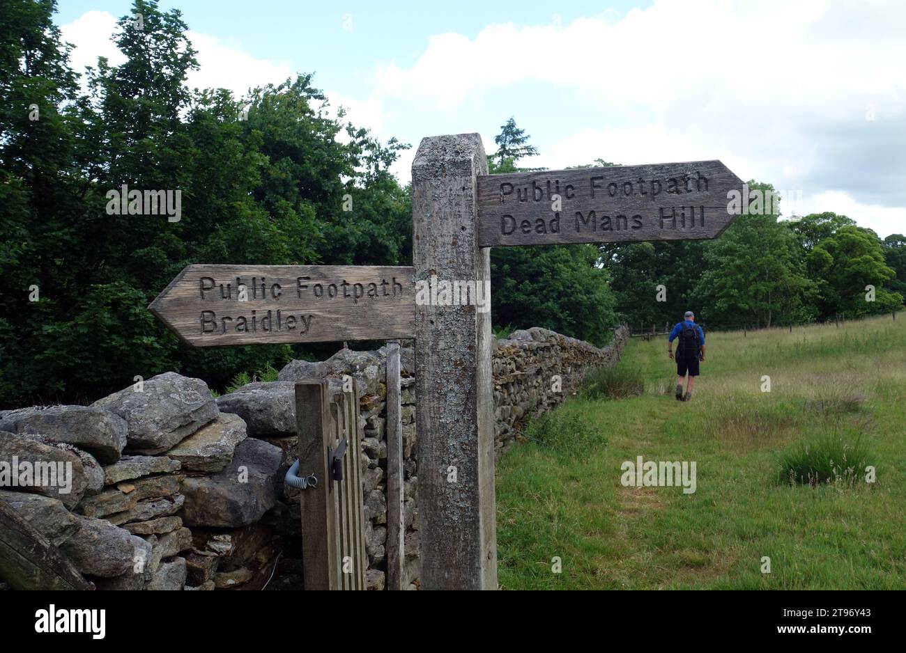 Man Walking to Arkleside by Wooden Signpost for Public Footpath to Braidley & Dead Mans Hill a Coverdale, Yorkshire Dales National Park, Inghilterra, Regno Unito Foto Stock