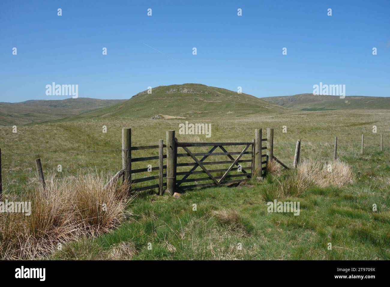 Wooden Gate & Wire Fence di fronte a Wainwright's Outlying Fell 'Robin Hood' vicino a Crookdale, Lake District National Park, Cumbria, Inghilterra, Regno Unito. Foto Stock