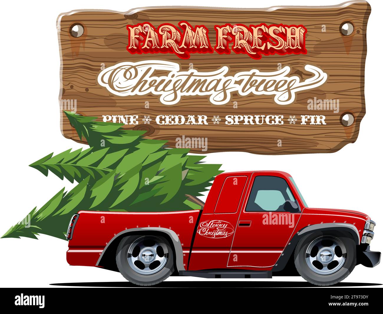 Banner di alberi di fattoria vettoriale con albero di Natale in un raccoglitore rosso. Poster degli alberi di Natale freschi della fattoria. Formato eps-10 disponibile separato da gruppi e livelli Illustrazione Vettoriale