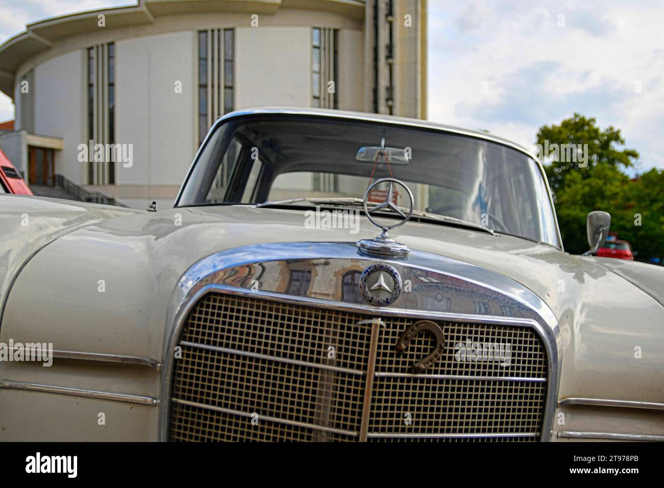 Logo Mercedes Benz su un'auto d'epoca. Mercedes-Benz 220 S. Mercedes-Benz è una casa automobilistica tedesca. Il marchio è utilizzato per le automobili di lusso, Foto Stock