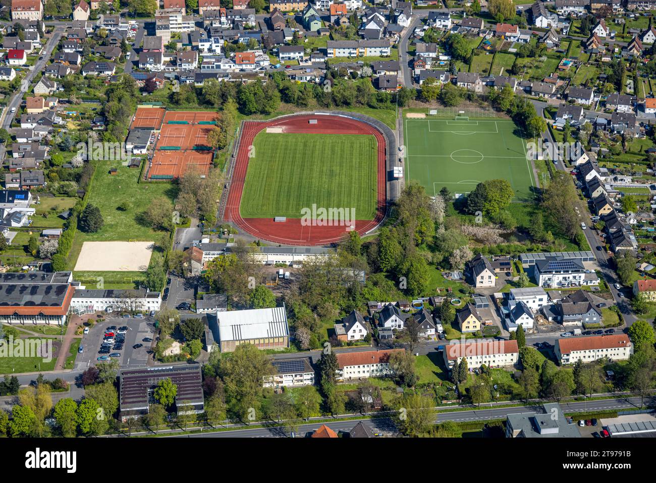 Vista aerea, stadio e campo laterale Nordberg, campi da tennis, Bergkamen, zona della Ruhr, Renania settentrionale-Vestfalia, Germania, GERMANIA, Europa, campo da calcio, calcio S. Foto Stock