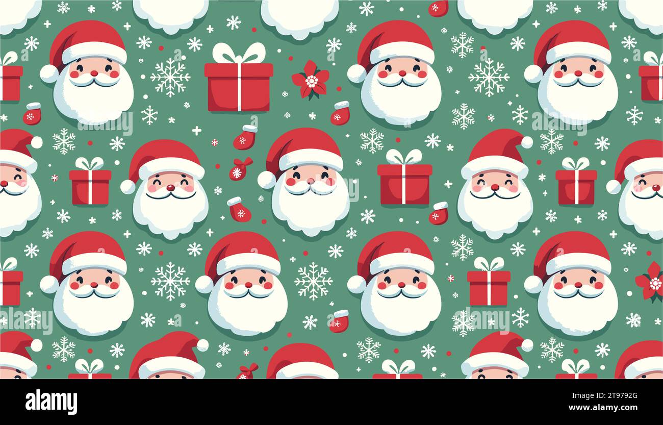 I simpatici Santas dei cartoni animati sono intervallati da scatole regalo rosse e delicati fiocchi di neve. Illustrazione Vettoriale